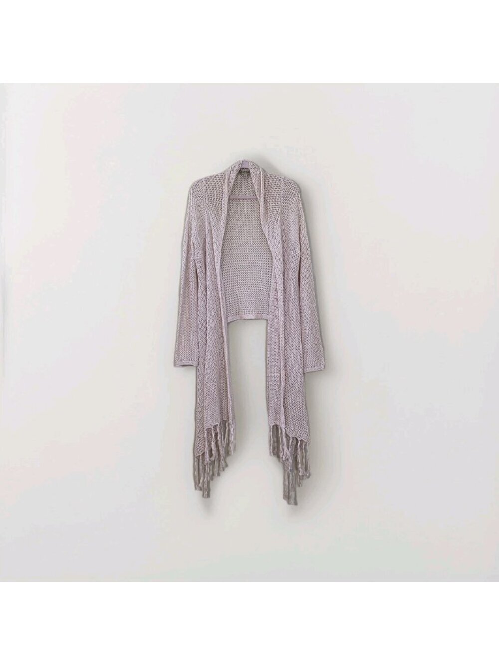 Democracy Open Knit Fringe Hem Cardigan L Cream Asymmetrical Waterfall Boho Edgy
